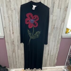 Vintage Jeffrey & Dara Black Slinky Knit Maxi Dress Art To Wear Flower Womens 12